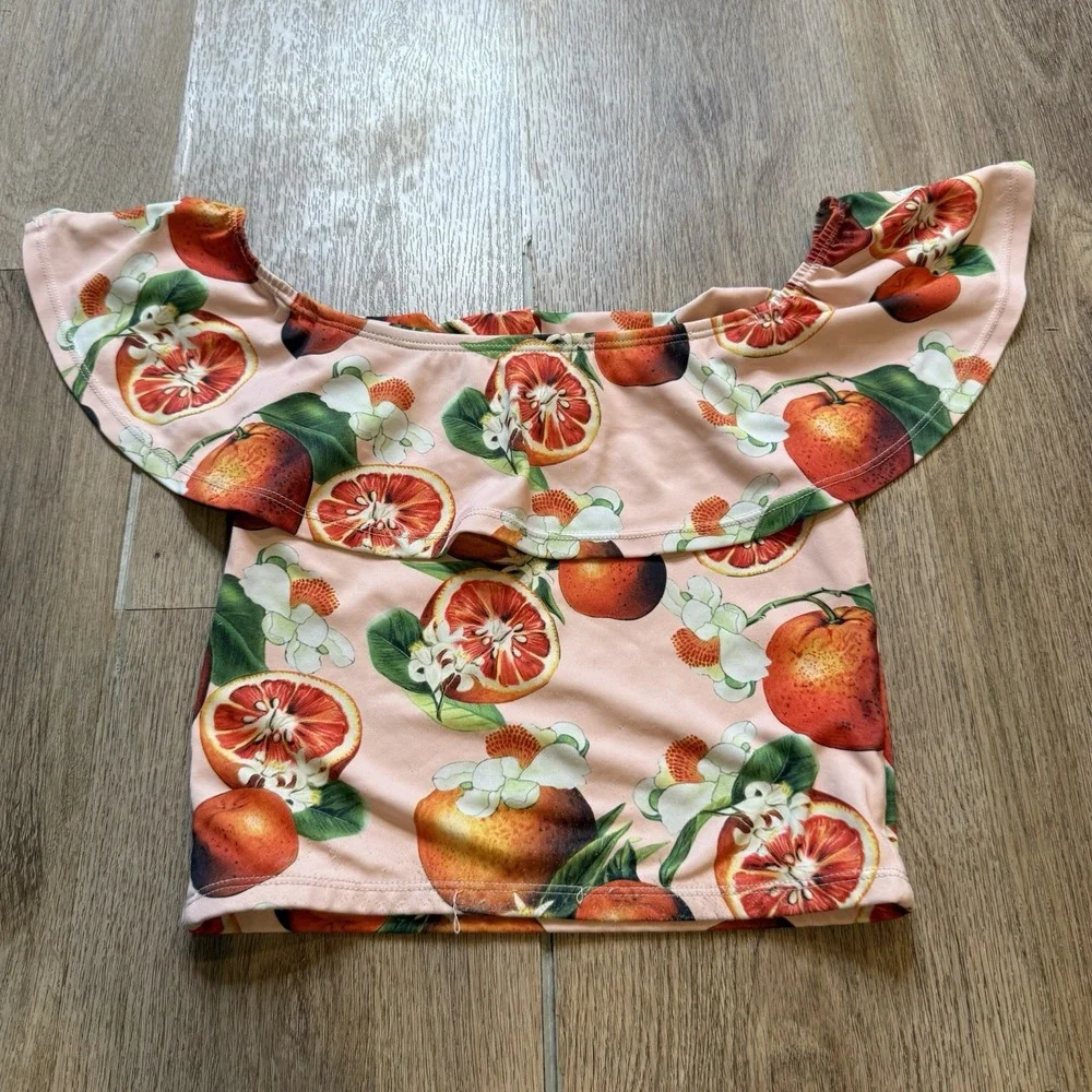 Kortni Jeane pink citrus orange print off the shoulder ruffle swim top 6 / 7